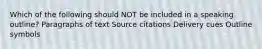 Which of the following should NOT be included in a speaking outline? Paragraphs of text Source citations Delivery cues Outline symbols