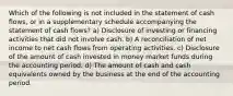 Which of the following is not included in the statement of cash flows, or in a supplementary schedule accompanying the statement of cash flows? a) Disclosure of investing or financing activities that did not involve cash. b) A reconciliation of net income to net cash flows from operating activities. c) Disclosure of the amount of cash invested in money market funds during the accounting period. d) The amount of cash and cash equivalents owned by the business at the end of the accounting period.