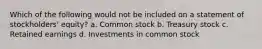 Which of the following would not be included on a statement of stockholders' equity? a. Common stock b. Treasury stock c. Retained earnings d. Investments in common stock