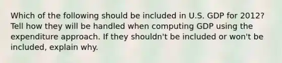 Which of the following should be included in U.S. GDP for 2012? Tell how they will be handled when computing GDP using the expenditure approach. If they shouldn't be included or won't be included, explain why.