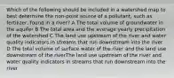 Which of the following should be included in a watershed map to best determine the non-point source of a pollutant, such as fertilizer, found in a river? A The total volume of groundwater in the aquifer B The total area and the average yearly precipitation of the watershed C The land use upstream of the river and water quality indicators in streams that run downstream into the river D The total volume of surface water of the river and the land use downstream of the riverThe land use upstream of the river and water quality indicators in streams that run downstream into the river