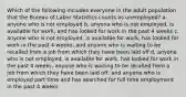 Which of the following includes everyone in the adult population that the Bureau of Labor Statistics counts as unemployed? a. anyone who is not employed b. anyone who is not employed, is available for work, and has looked for work in the past 4 weeks c. anyone who is not employed, is available for work, has looked for work in the past 4 weeks, and anyone who is waiting to be recalled from a job from which they have been laid off d. anyone who is not employed, is available for work, has looked for work in the past 4 weeks, anyone who is waiting to be recalled from a job from which they have been laid off, and anyone who is employed part time and has searched for full time employment in the past 4 weeks