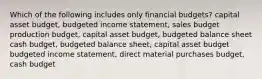 Which of the following includes only financial budgets? capital asset budget, budgeted income statement, sales budget production budget, capital asset budget, budgeted balance sheet cash budget, budgeted balance sheet, capital asset budget budgeted income statement, direct material purchases budget, cash budget