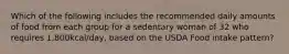 Which of the following includes the recommended daily amounts of food from each group for a sedentary woman of 32 who requires 1,800kcal/day, based on the USDA Food intake pattern?