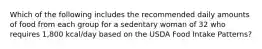 Which of the following includes the recommended daily amounts of food from each group for a sedentary woman of 32 who requires 1,800 kcal/day based on the USDA Food Intake Patterns?