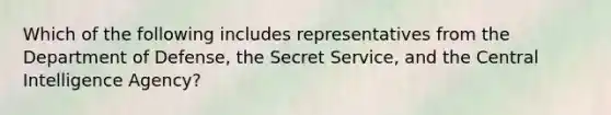 Which of the following includes representatives from the Department of Defense, the Secret Service, and the Central Intelligence Agency?