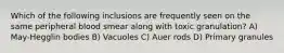 Which of the following inclusions are frequently seen on the same peripheral blood smear along with toxic granulation? A) May-Hegglin bodies B) Vacuoles C) Auer rods D) Primary granules