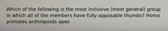 Which of the following is the most inclusive (most general) group in which all of the members have fully opposable thumbs? Homo primates anthropoids apes