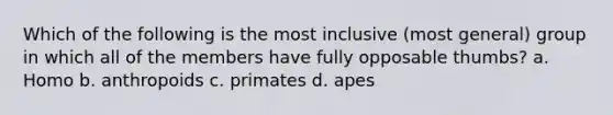 Which of the following is the most inclusive (most general) group in which all of the members have fully opposable thumbs? a. Homo b. anthropoids c. primates d. apes