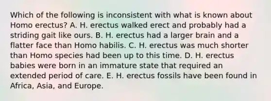 Which of the following is inconsistent with what is known about Homo erectus? A. H. erectus walked erect and probably had a striding gait like ours. B. H. erectus had a larger brain and a flatter face than Homo habilis. C. H. erectus was much shorter than Homo species had been up to this time. D. H. erectus babies were born in an immature state that required an extended period of care. E. H. erectus fossils have been found in Africa, Asia, and Europe.