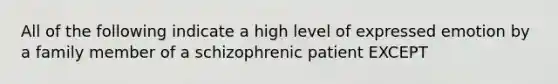 All of the following indicate a high level of expressed emotion by a family member of a schizophrenic patient EXCEPT