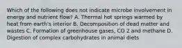 Which of the following does not indicate microbe involvement in energy and nutrient flow? A. Thermal hot springs warmed by heat from earth's interior B. Decomposition of dead matter and wastes C. Formation of greenhouse gases, CO 2 and methane D. Digestion of complex carbohydrates in animal diets