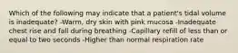 Which of the following may indicate that a patient's tidal volume is inadequate? -Warm, dry skin with pink mucosa -Inadequate chest rise and fall during breathing -Capillary refill of less than or equal to two seconds -Higher than normal respiration rate