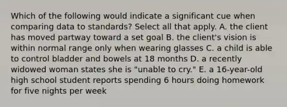 Which of the following would indicate a significant cue when comparing data to standards? Select all that apply. A. the client has moved partway toward a set goal B. the client's vision is within normal range only when wearing glasses C. a child is able to control bladder and bowels at 18 months D. a recently widowed woman states she is "unable to cry." E. a 16-year-old high school student reports spending 6 hours doing homework for five nights per week