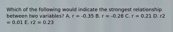 Which of the following would indicate the strongest relationship between two variables? A. r = -0.35 B. r = -0.28 C. r = 0.21 D. r2 = 0.01 E. r2 = 0.23