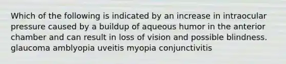 Which of the following is indicated by an increase in intraocular pressure caused by a buildup of aqueous humor in the anterior chamber and can result in loss of vision and possible blindness. glaucoma amblyopia uveitis myopia conjunctivitis