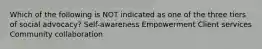 Which of the following is NOT indicated as one of the three tiers of social advocacy? Self-awareness Empowerment Client services Community collaboration