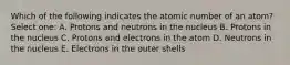 Which of the following indicates the atomic number of an atom? Select one: A. Protons and neutrons in the nucleus B. Protons in the nucleus C. Protons and electrons in the atom D. Neutrons in the nucleus E. Electrons in the outer shells