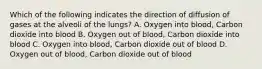 Which of the following indicates the direction of diffusion of gases at the alveoli of the lungs? A. Oxygen into blood, Carbon dioxide into blood B. Oxygen out of blood, Carbon dioxide into blood C. Oxygen into blood, Carbon dioxide out of blood D. Oxygen out of blood, Carbon dioxide out of blood