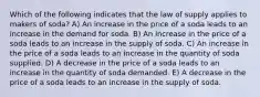 Which of the following indicates that the law of supply applies to makers of soda? A) An increase in the price of a soda leads to an increase in the demand for soda. B) An increase in the price of a soda leads to an increase in the supply of soda. C) An increase in the price of a soda leads to an increase in the quantity of soda supplied. D) A decrease in the price of a soda leads to an increase in the quantity of soda demanded. E) A decrease in the price of a soda leads to an increase in the supply of soda.