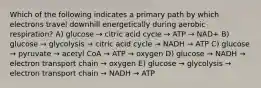 Which of the following indicates a primary path by which electrons travel downhill energetically during aerobic respiration? A) glucose → citric acid cycle → ATP → NAD+ B) glucose → glycolysis → citric acid cycle → NADH → ATP C) glucose → pyruvate → acetyl CoA → ATP → oxygen D) glucose → NADH → electron transport chain → oxygen E) glucose → glycolysis → electron transport chain → NADH → ATP