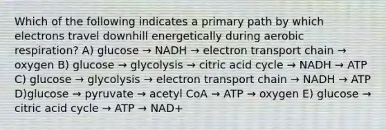 Which of the following indicates a primary path by which electrons travel downhill energetically during aerobic respiration? A) glucose → NADH → electron transport chain → oxygen B) glucose → glycolysis → citric acid cycle → NADH → ATP C) glucose → glycolysis → electron transport chain → NADH → ATP D)glucose → pyruvate → acetyl CoA → ATP → oxygen E) glucose → citric acid cycle → ATP → NAD+