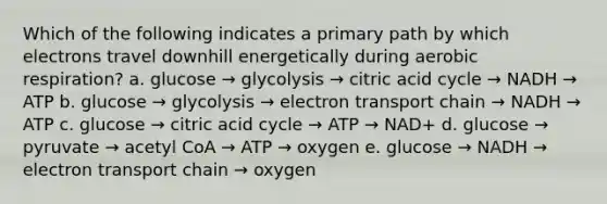 Which of the following indicates a primary path by which electrons travel downhill energetically during aerobic respiration? a. glucose → glycolysis → citric acid cycle → NADH → ATP b. glucose → glycolysis → electron transport chain → NADH → ATP c. glucose → citric acid cycle → ATP → NAD+ d. glucose → pyruvate → acetyl CoA → ATP → oxygen e. glucose → NADH → electron transport chain → oxygen