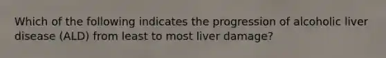 Which of the following indicates the progression of alcoholic liver disease (ALD) from least to most liver damage?