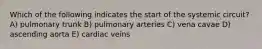 Which of the following indicates the start of the systemic circuit? A) pulmonary trunk B) pulmonary arteries C) vena cavae D) ascending aorta E) cardiac veins