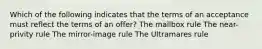 Which of the following indicates that the terms of an acceptance must reflect the terms of an offer? The mailbox rule The near-privity rule The mirror-image rule The Ultramares rule