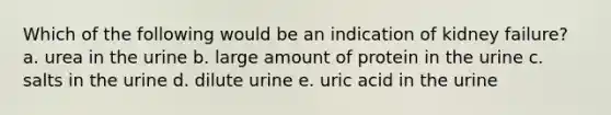 Which of the following would be an indication of kidney failure? a. urea in the urine b. large amount of protein in the urine c. salts in the urine d. dilute urine e. uric acid in the urine