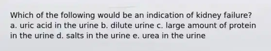 Which of the following would be an indication of kidney failure? a. uric acid in the urine b. dilute urine c. large amount of protein in the urine d. salts in the urine e. urea in the urine