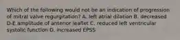 Which of the following would not be an indication of progression of mitral valve regurgitation? A. left atrial dilation B. decreased D-E amplitude of anterior leaflet C. reduced left ventricular systolic function D. increased EPSS