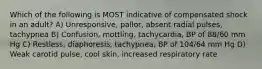 Which of the following is MOST indicative of compensated shock in an adult? A) Unresponsive, pallor, absent radial pulses, tachypnea B) Confusion, mottling, tachycardia, BP of 88/60 mm Hg C) Restless, diaphoresis, tachypnea, BP of 104/64 mm Hg D) Weak carotid pulse, cool skin, increased respiratory rate