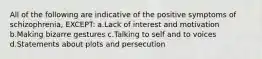 All of the following are indicative of the positive symptoms of schizophrenia, EXCEPT: a.Lack of interest and motivation b.Making bizarre gestures c.Talking to self and to voices d.Statements about plots and persecution