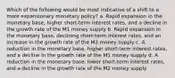 Which of the following would be most indicative of a shift to a more expansionary monetary policy? a. Rapid expansion in the monetary base, higher short-term interest rates, and a decline in the growth rate of the M1 money supply b. Rapid expansion in the monetary base, declining short-term interest rates, and an increase in the growth rate of the M2 money supply c. A reduction in the monetary base, higher short-term interest rates, and a decline in the growth rate of the M1 money supply d. A reduction in the monetary base, lower short-term interest rates, and a decline in the growth rate of the M2 money supply