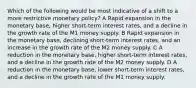 Which of the following would be most indicative of a shift to a more restrictive monetary policy? A Rapid expansion in the monetary base, higher short-term interest rates, and a decline in the growth rate of the M1 money supply. B Rapid expansion in the monetary base, declining short-term interest rates, and an increase in the growth rate of the M2 money supply. C A reduction in the monetary base, higher short-term interest rates, and a decline in the growth rate of the M2 money supply. D A reduction in the monetary base, lower short-term interest rates, and a decline in the growth rate of the M1 money supply.