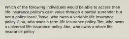 Which of the following individuals would be able to access their life insurance policy's cash value through a partial surrender but not a policy loan? Tonya, who owns a variable life insurance policy Gina, who owns a term life insurance policy Tim, who owns a universal life insurance policy Abe, who owns a whole life insurance policy