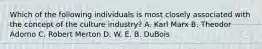 Which of the following individuals is most closely associated with the concept of the culture industry? A. Karl Marx B. Theodor Adorno C. Robert Merton D. W. E. B. DuBois