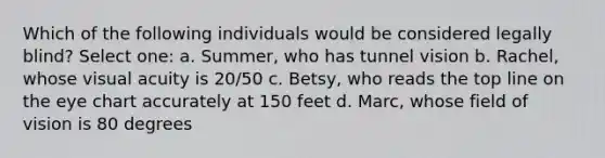 Which of the following individuals would be considered legally blind? Select one: a. Summer, who has tunnel vision b. Rachel, whose visual acuity is 20/50 c. Betsy, who reads the top line on the eye chart accurately at 150 feet d. Marc, whose field of vision is 80 degrees