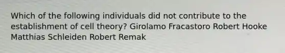 Which of the following individuals did not contribute to the establishment of cell theory? Girolamo Fracastoro Robert Hooke Matthias Schleiden Robert Remak