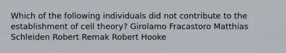 Which of the following individuals did not contribute to the establishment of cell theory? Girolamo Fracastoro Matthias Schleiden Robert Remak Robert Hooke