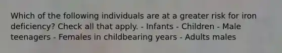 Which of the following individuals are at a greater risk for iron deficiency? Check all that apply. - Infants - Children - Male teenagers - Females in childbearing years - Adults males