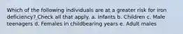 Which of the following individuals are at a greater risk for iron deficiency? Check all that apply. a. Infants b. Children c. Male teenagers d. Females in childbearing years e. Adult males