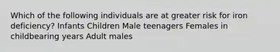 Which of the following individuals are at greater risk for iron deficiency? Infants Children Male teenagers Females in childbearing years Adult males