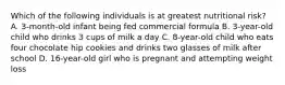 Which of the following individuals is at greatest nutritional risk? A. 3-month-old infant being fed commercial formula B. 3-year-old child who drinks 3 cups of milk a day C. 8-year-old child who eats four chocolate hip cookies and drinks two glasses of milk after school D. 16-year-old girl who is pregnant and attempting weight loss