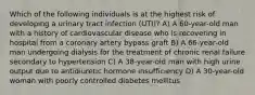 Which of the following individuals is at the highest risk of developing a urinary tract infection (UTI)? A) A 60-year-old man with a history of cardiovascular disease who is recovering in hospital from a coronary artery bypass graft B) A 66-year-old man undergoing dialysis for the treatment of chronic renal failure secondary to hypertension C) A 38-year-old man with high urine output due to antidiuretic hormone insufficiency D) A 30-year-old woman with poorly controlled diabetes mellitus