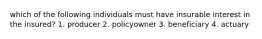 which of the following individuals must have insurable interest in the insured? 1. producer 2. policyowner 3. beneficiary 4. actuary
