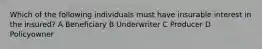 Which of the following individuals must have insurable interest in the insured? A Beneficiary B Underwriter C Producer D Policyowner