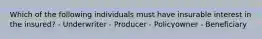 Which of the following individuals must have insurable interest in the insured? - Underwriter - Producer - Policyowner - Beneficiary